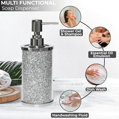 Escenzy Crushed Diamond Bathroom Accessories Set 3 Pcs | Silver Crystal Glass Soap Dispenser, Toothbrush Holder, Tumbler | Luxury Glam Bathroom Decor | Modern Vanity Organizer Gift