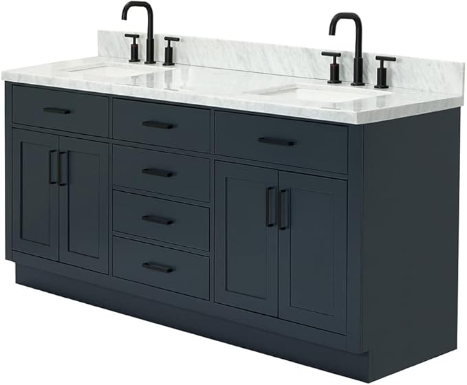 ARIEL Hepburn 72-inch Bathroom Vanity with Sink,Solid Wood, 1.5-inch Italian Carrara Marble Countertop, Double Rectangular Porcelain Sink, 4 Soft Closing Doors, 6 Dovetail Drawers, Midnight Blue