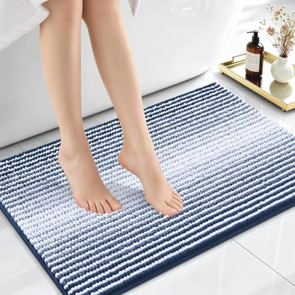 OLANLY Small Bathroom Rugs 24x16, Soft Chenille Striped Bath Rugs, Navy