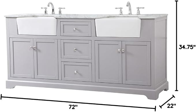 72" Pre-Assembled Bathroom Vanity with Sink, Solid Birch and MDF, Carrara White Marble Countertop Attached, Double Rectangle Porcelain Sink, 3 Soft-Close Drawers, Grey