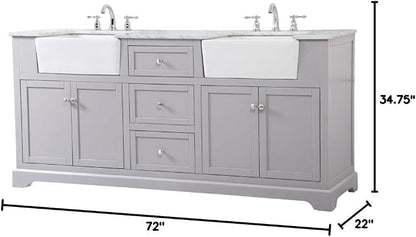 72" Pre-Assembled Bathroom Vanity with Sink, Solid Birch and MDF, Carrara White Marble Countertop Attached, Double Rectangle Porcelain Sink, 3 Soft-Close Drawers, Grey