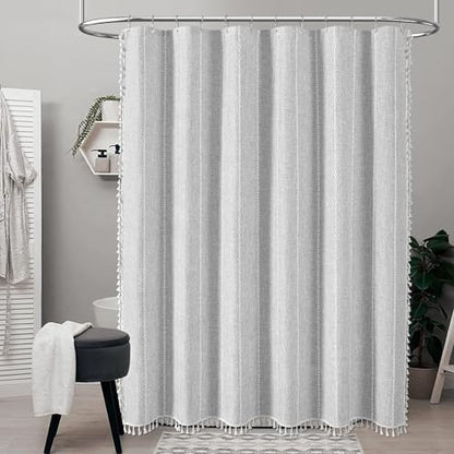 BTTN 60x72 Boho Farmhouse Linen Heavy Duty Shower Curtain Set, Grey/Gray