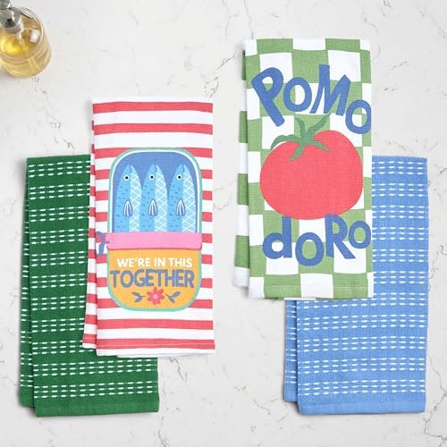 Ritz 4-Piece Kitchen Towel Set, Sardines & Pomodoro Tomato Prints with Pine Green & Blue Textured Terry, 100% Cotton & Absorbent Blend, 16" x 26", Vintage Italian Inspired Foodie Kitchen Decor