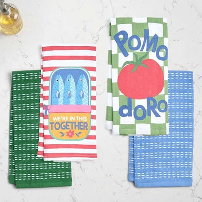 Ritz 4-Piece Kitchen Towel Set, Sardines & Pomodoro Tomato Prints with Pine Green & Blue Textured Terry, 100% Cotton & Absorbent Blend, 16" x 26", Vintage Italian Inspired Foodie Kitchen Decor