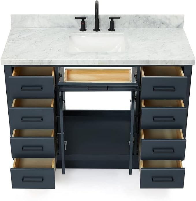 Isabella 48-Inch Bathroom Vanity with Sink — Midnight Blue Single Sink Bathroom Vanity, 1.5" Edge Italian Carrara Marble Top, Solid Wood, 2 Soft-Close Doors, 8 Dovetail Drawers + Tilt Drawer