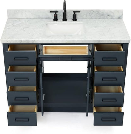 Isabella 48-Inch Bathroom Vanity with Sink — Midnight Blue Single Sink Bathroom Vanity, 1.5" Edge Italian Carrara Marble Top, Solid Wood, 2 Soft-Close Doors, 8 Dovetail Drawers + Tilt Drawer