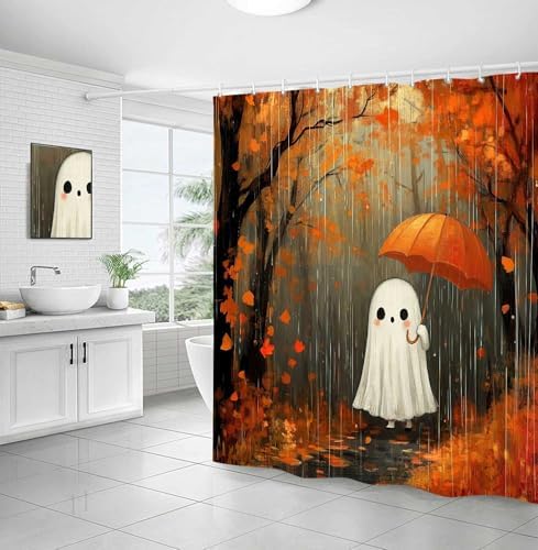 Halloween Ghost Pumpkin Shower Curtain, Cute Funny Autumn Seasonal Floral Decor Bath Curtains, Fall Maple Leaves Spooky Waterproof Fabric Bathroom Accessories with Hooks, 72x72 Inch