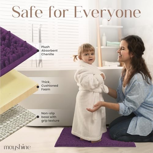 MAYSHINE Standard Plush Shaggy Chenille Bath Mat 32"x20" Extra Soft, Super Absorbent, Non-Slip Bathroom Rug | Fluffy Microfiber, Area Rug Sets for Bathroom Floor, Kitchen, Living Room | Plum