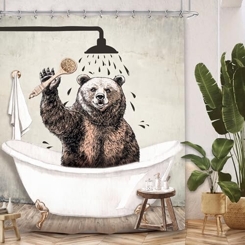Funny Bear Shower Curtain 60Wx72L Inch Farmhouse Rustic Vintage Wild Cute Animal Kids Antique Bathroom Set Accessories Decor with 12 Pack Hooks