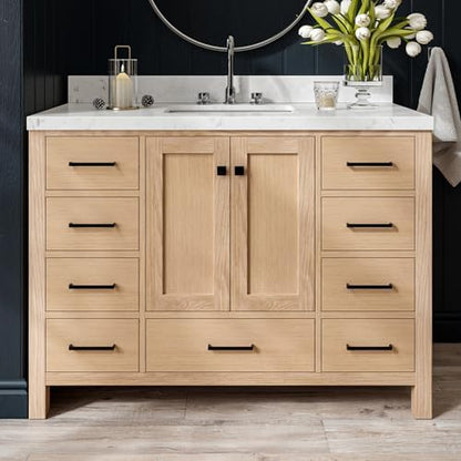 ARIEL Cambridge 48-inch Bathroom Vanity with Sink,Solid Wood, 1.5-inch Carrara White Quartz Countertop, Single Rectangular Porcelain Sink, 2 Soft Closing Doors, 9 Dovetail Drawers, White Oak