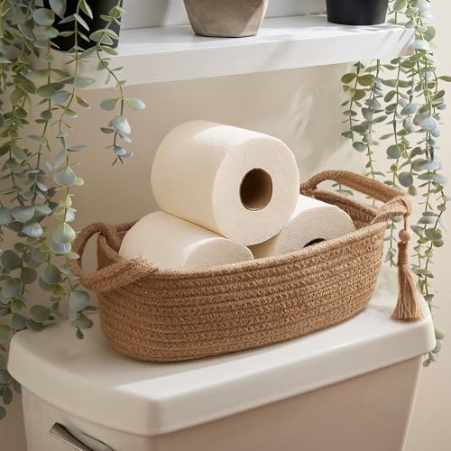 Decorative Toilet Paper Basket - Boho Jute Cotton Rope Bin with Tassel