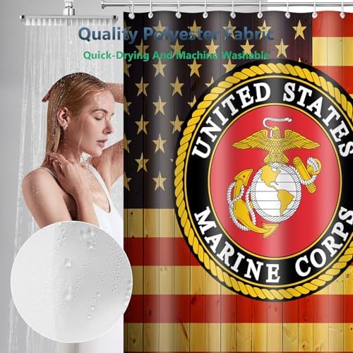 US Marine Corps Wooden American Flag Shower Curtain with Hooks 72 x 72 Inch
