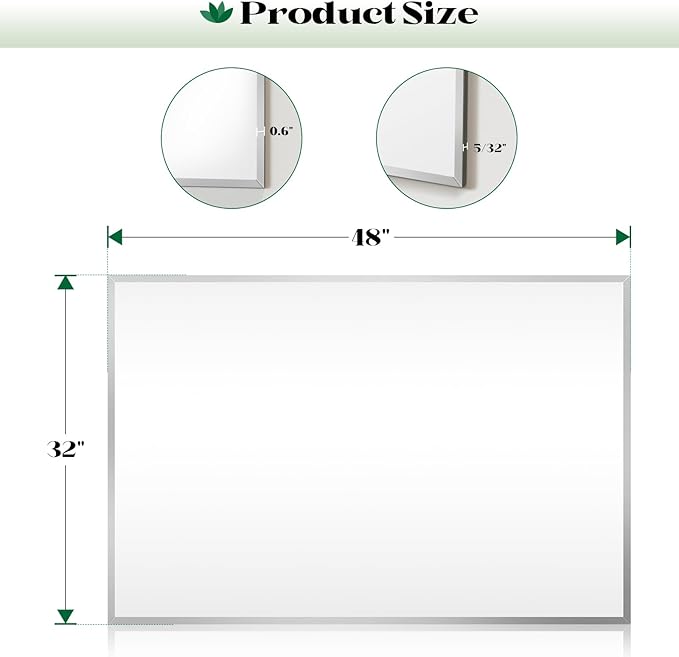Large Frameless Beveled Bathroom Wall Mirror, 48"x32" Reactangle Frameless Bathroom Wall Mirror Over Sink, Vanity Mirrors for Entryway, Bedroom, Living Room, Hangs Horizontally or Vertically