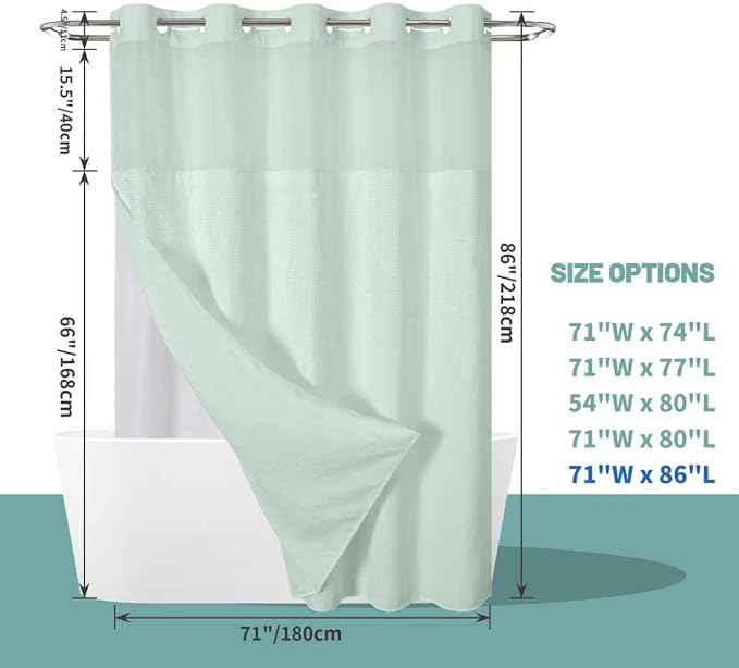 No Hook Long Waffle Shower Curtain, Snap-In Liner, 71x86 in, Mint Green | 230 GSM waffle weave fabric, waterproof liner set with 2 bottom magnets, mesh top window, washable, for bathroom or hotel use