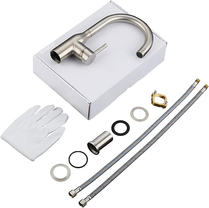 WOWOW Single Handle Bar Sink Faucet 1 Hole Bar Faucet Brushed Nickel Small Kitchen Faucet Modern Commercial Faucet for Sinks RV Sink Faucets with Water Supply Lines