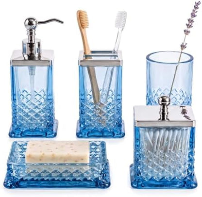 JKE Bathroom Accessories Set, 5-Pack Vintage Thick Glass Soap Dispenser and Toothbrush Holder Set for Bathroom Counter, Blue
