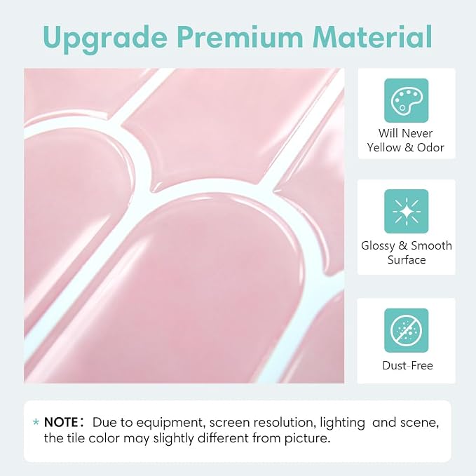 Commomy Thicker Pink Peel and Stick Tile Backsplash - 10 pcs of 12" x 12" - 3D Adhesive Peel and Stick Backsplash for Kitchen, Bathroom, Removable, Waterproof, Vinyl Wall Tile