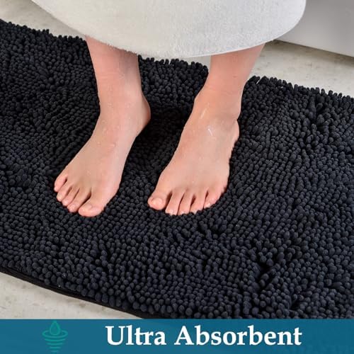 Black Bathroom Rugs Non Slip Bath Rugs Set 2 Piece, Bath Mats for Bathroom, Thick Soft Chenille Rug Set, Bathtub Mat, Ultra Absorbent Bath Carpet, Shaggy Bathrooms Carpet Sets