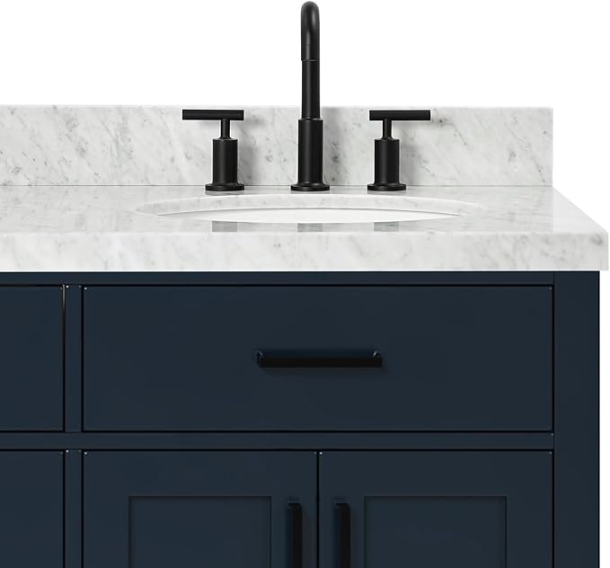 ARIEL Hepburn 66-inch Bathroom Vanity with Sink,Solid Wood, 1.5-inch Italian Carrara Marble Countertop, Double Oval Porcelain Sink, 4 Soft Closing Doors, 6 Dovetail Drawers, Midnight Blue