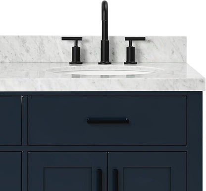 ARIEL Hepburn 66-inch Bathroom Vanity with Sink,Solid Wood, 1.5-inch Italian Carrara Marble Countertop, Double Oval Porcelain Sink, 4 Soft Closing Doors, 6 Dovetail Drawers, Midnight Blue