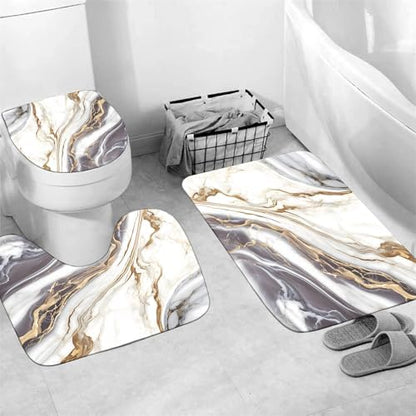 Nkzply 4 Pcs White Marble Shower Curtain Set Grey Bathroom Sets with Rugs