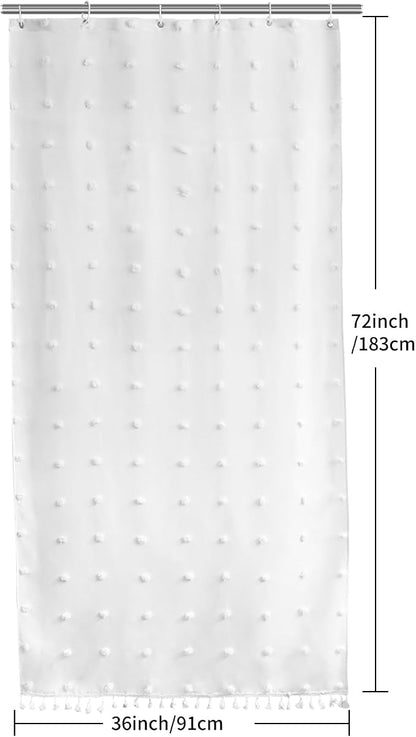 LilyCat Stall Tufted Floral Shower Curtain with Tassel, White, 36" x 72" | Waterproof Boho Fabric Shower Curtain Set with Hooks, Cute Rustic Vintage Bathroom Décor, Minimalist Cloth Bathroom Curtain