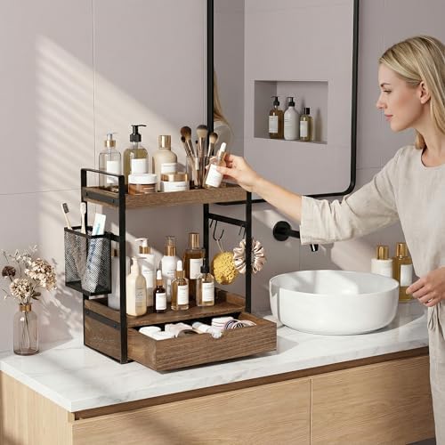 2-Tier Bathroom Counter Organizer with Drawer Basket and Hooks, Wood Bathroom Organizers and Storage for countertop, Farmhouse Dark Brown Countertop Organizer, Counter Shelf for Vanity Kitchen Office