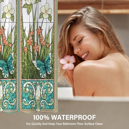 Stained Glass Vintage Floral Butterfly Shower Curtain 72x72 Inches