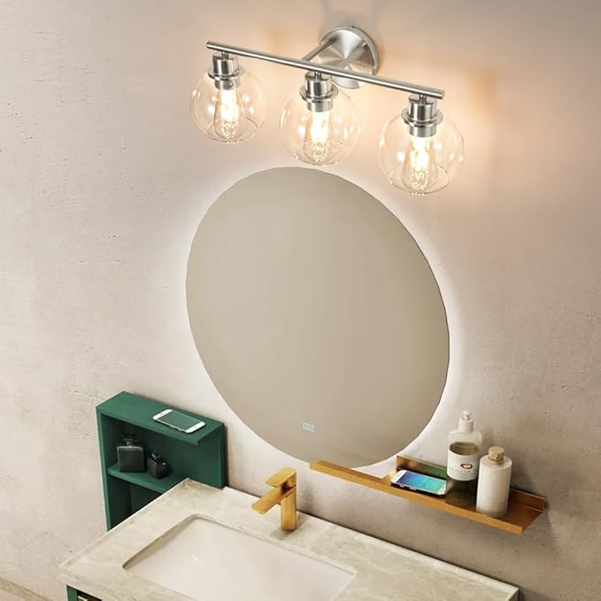 Bathroom Light Fixtures Over Mirror 3-Lights Bathroom Vanity Light with Clear Globe Glass Shade 22 inch Modern Brushed Nickel Vanity Lights Wall Sconce Lighting for Bath