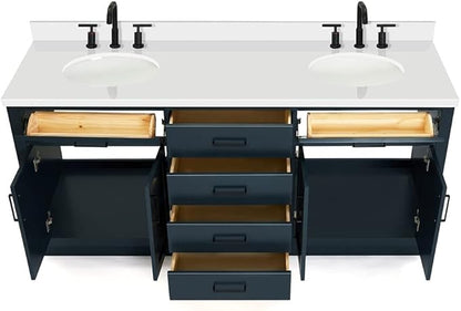ARIEL Hepburn 72-inch Bathroom Vanity with Sink,Solid Wood, 1.5-inch Pure White Quartz Countertop & Backsplash, Double Oval Porcelain Sink, 4 Soft Closing Doors, 6 Dovetail Drawers, Midnight Blue