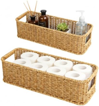 2pcs Toilet Paper Basket, Rectangular Wicker Bathroom Storage Basket, Waterproof Handwoven Toilet Paper Rolls Organizer Baskets for Apartment, Bedroom, Bathroom, Kitchen Shelf (Beige)