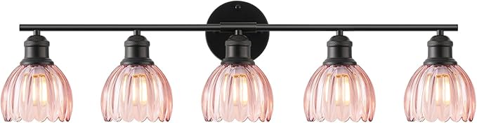 Bathroom Light Fixtures, 5-Light Brushed Black Vanity Lights for Bathroom with Pink Tulip Glass Shade, 30" Vintage Bathroom Vanity Lighting Fixtures Over Mirror for Bedroom Living Room Hallway