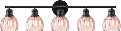 Bathroom Light Fixtures, 5-Light Brushed Black Vanity Lights for Bathroom with Pink Tulip Glass Shade, 30" Vintage Bathroom Vanity Lighting Fixtures Over Mirror for Bedroom Living Room Hallway