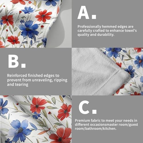 Red Blue Flowers Hand Towels Set of 2-4th of July Colorful America Floral Face Towel 28x14 Inch Soft Absorbent Microfiber Independence Day Decor for Kitchen Bathroom Gym Home