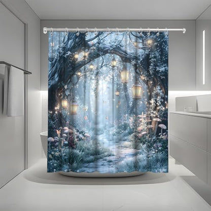 Fantasy Forest Path Shower Curtain Winter Fairy Magical Enchanted Misty Jungle Mushroom Floral Tree Butterfly Lantern Wonderland Bath Curtain Fabric Bathroom Accessories Decor with Hooks 55W x70L