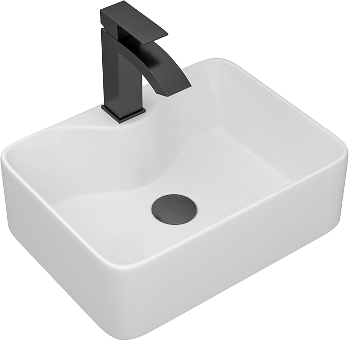 Dcolora 16 in. White Vessel Sink, Rectangular Porcelain Ceramic Above Counter Sink, Small Bathroom Sink with Black Accessories,12"D x 16"W x 5"H #DC-SFDOE00085