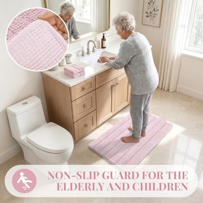 Bcoimo Small Bath Rug Mat,24x17 Chenille Non Slip Pink Bathroom Shower Mat