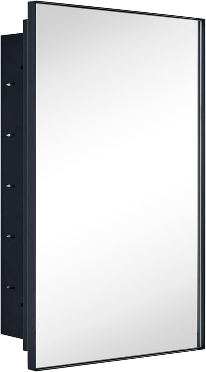TEHOME Recessed Mount 16x26'' Squared Rectangle Matt Black Bathroom Medicine Cabinet with Mirror Black Metal Framed Rectanglular Medicine Cabinet 2 Adjustable Glass Shelves