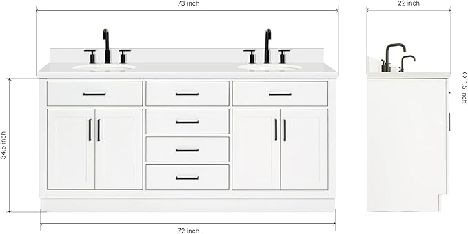 ARIEL Hepburn 72-inch Bathroom Vanity with Sink,Solid Wood, 1.5-inch Pure White Quartz Countertop & Backsplash, Double Oval Porcelain Sink, 4 Soft Closing Doors, 6 Dovetail Drawers, White