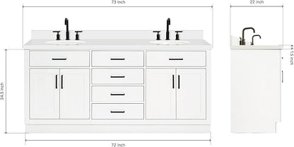 ARIEL Hepburn 72-inch Bathroom Vanity with Sink,Solid Wood, 1.5-inch Pure White Quartz Countertop & Backsplash, Double Oval Porcelain Sink, 4 Soft Closing Doors, 6 Dovetail Drawers, White