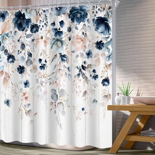 Rustic Floral Boho Blue Pink Eucalyptus Bathroom Shower Curtain Set