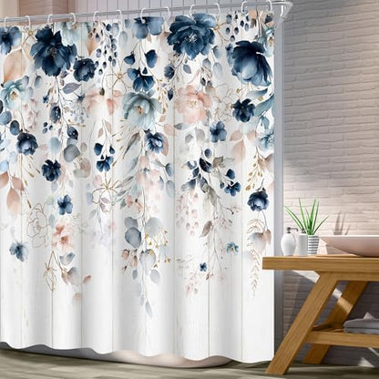 Rustic Floral Boho Blue Pink Eucalyptus Bathroom Shower Curtain Set