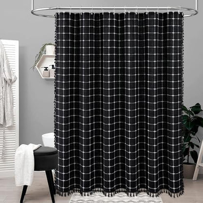 BTTN Black and White Boho Farmhouse Linen Heavy Duty Shower Curtain, 72x72