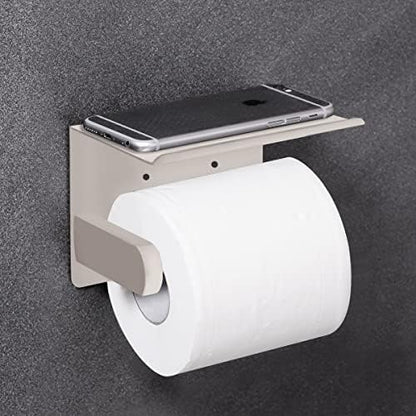 VAEHOLD Self Adhesive Toilet Paper Holder with Phone Shelf SUS 304 Stainless Steel Wall Mounted Toilet Paper Roll Holder - Rustproof and Bathroom Washroom Tissue Roll Holder with Shelf -Beige