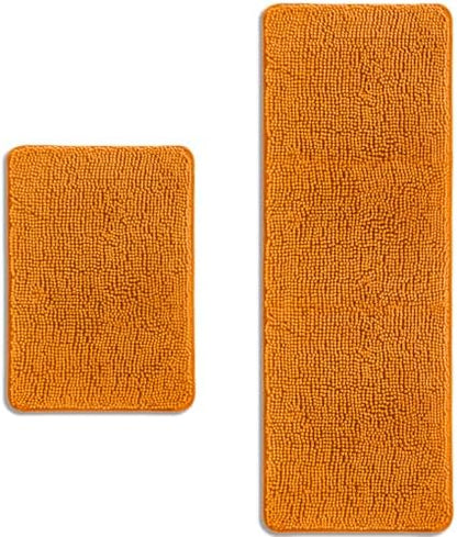 Bathroom Rugs Sets 2 Piece – Absorbent and Washable Bath Mat, Non-Slip, Thick Soft Chenille Bath Rugs for Bathroom Floor, Shower, Sink(17" x 24"+17" x 47", Flame Orange)