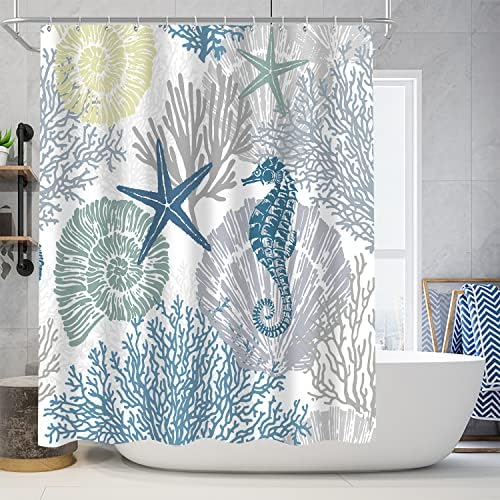 Nkzply 4 Pcs Beach Shower Curtain Set Blue Ocean Bathroom Sets with Shower Curtain and Rugs Seahorse Shower Curtains Set Seashell Starfish Bathroom Decor Accessories Coral Bathroom Rugs Set