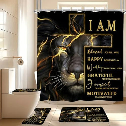 4 Pcs Black Gold Cross and Lion Shower Curtain Set with Rugs