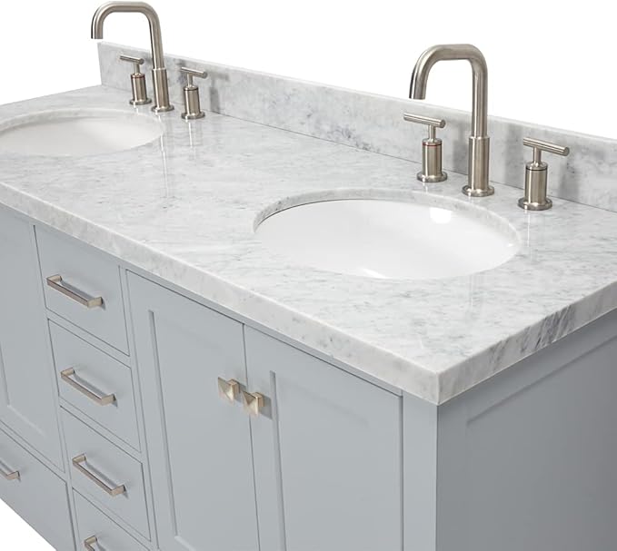 ARIEL Cambridge 60-inch Bathroom Vanity with Sink,Solid Wood, 1.5-inch Italian Carrara Marble Countertop & Backsplash, Double Oval Porcelain Sink, 4 Soft Closing Doors, 6 Dovetail Drawers, Grey