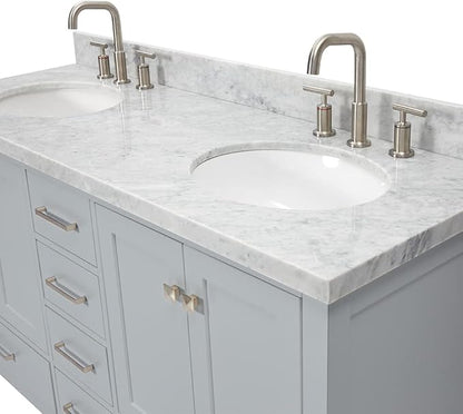 ARIEL Cambridge 60-inch Bathroom Vanity with Sink,Solid Wood, 1.5-inch Italian Carrara Marble Countertop & Backsplash, Double Oval Porcelain Sink, 4 Soft Closing Doors, 6 Dovetail Drawers, Grey