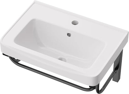 Lordear Wall Mounted Bathroom Sink with Towel Rack 20 x 14 Inch Modern Black Wall Hung Sink for ADA Bathrooms, Rectangular One Hole Porcelain Vanity Sinks